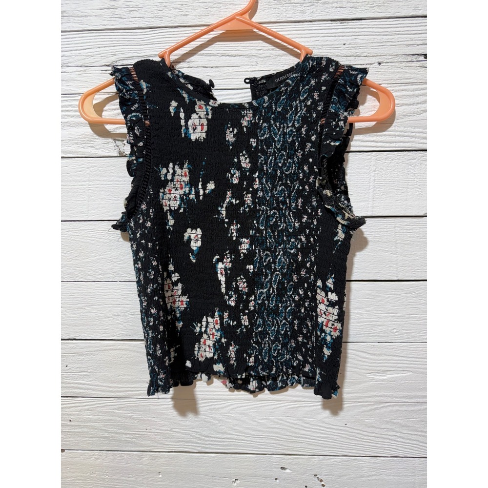 Olivaceous Black Floral Smocked Ruffle Sleeveless Blouse Top Medium